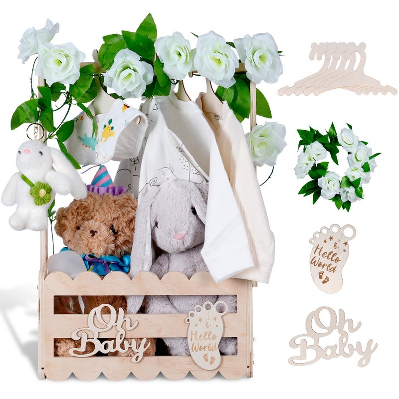 efluky Wooden Baby Shower Crate Closet with Handle,Storage Basket,Baby Clothes Hangers, Newborn Boy Girl Welcome Gift Basket - Image 1